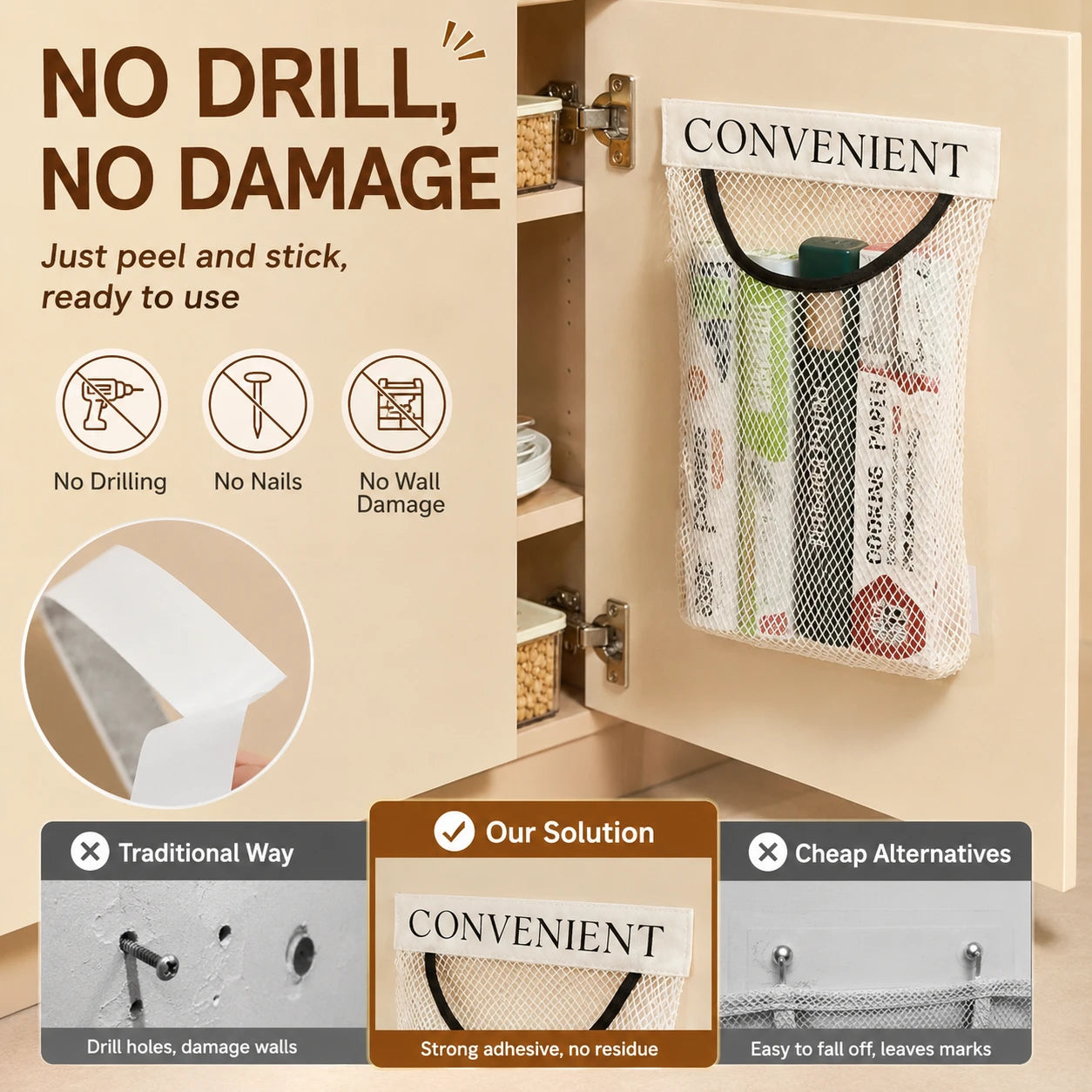 No-Drill Hanging Mesh Storage Bag | Adhesive Wall Organizer
