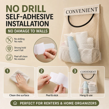 No-Drill Hanging Mesh Storage Bag | Adhesive Wall Organizer