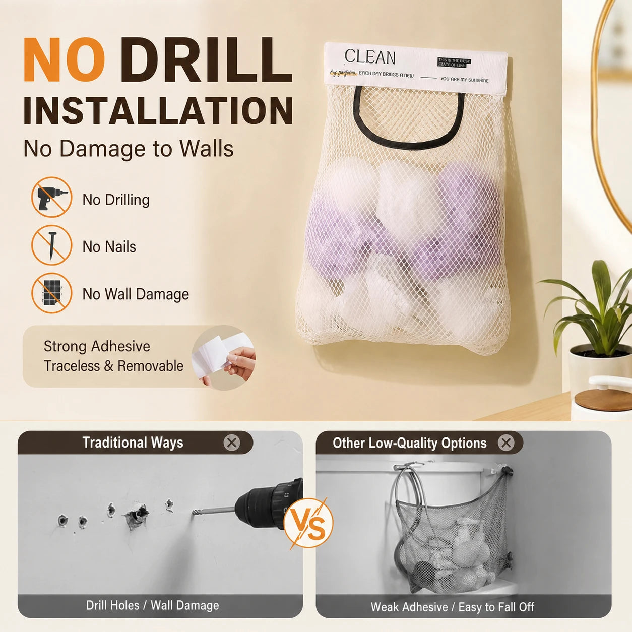 No-Drill Hanging Mesh Storage Bag | Adhesive Wall Organizer