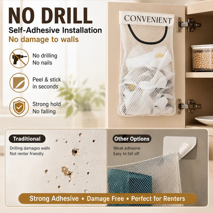 No-Drill Hanging Mesh Storage Bag | Adhesive Wall Organizer
