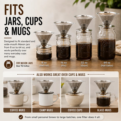 Reusable Stainless Steel Pour Over Coffee Filter for Jars| No More Disposable Paper Filters