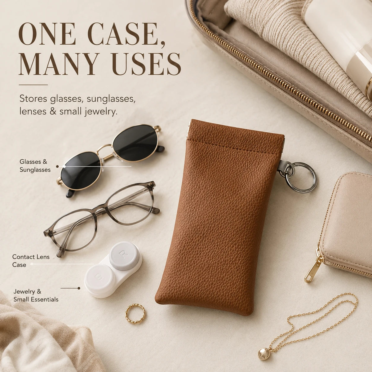 Faux Leather Eyeglass Pouch with Key Ring | Travel Case