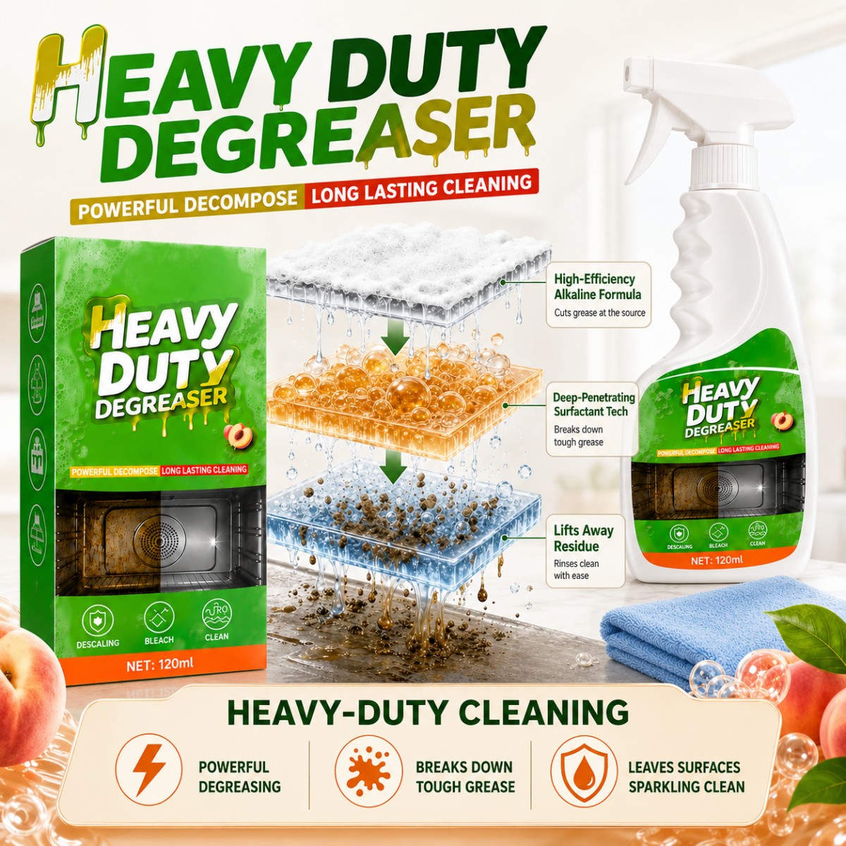 Kitchen grease cleaning spray removing oily buildup