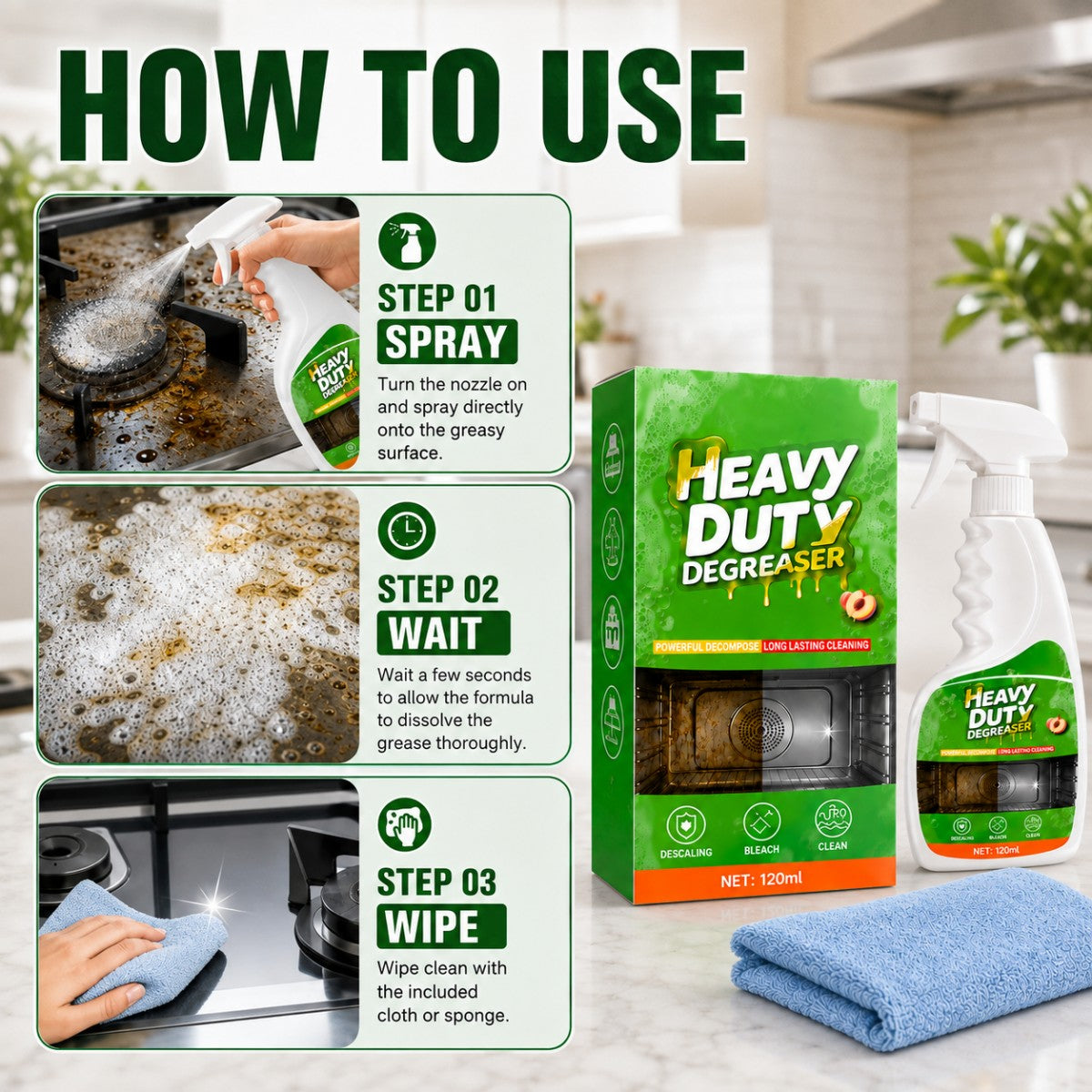 Spray wait and wipe kitchen cleaning steps