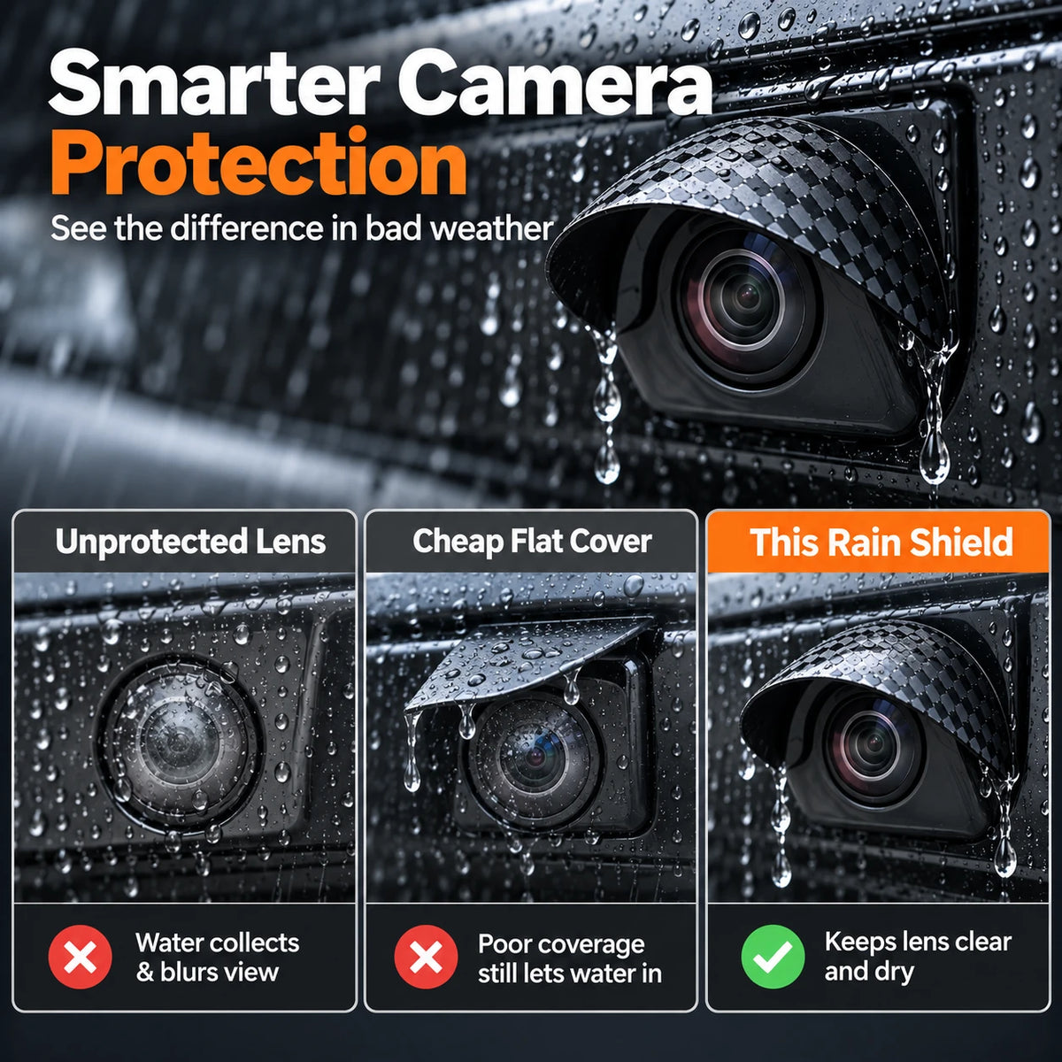 Car Camera Rain Shield – Rear & Side Lens Sun Visor Cover