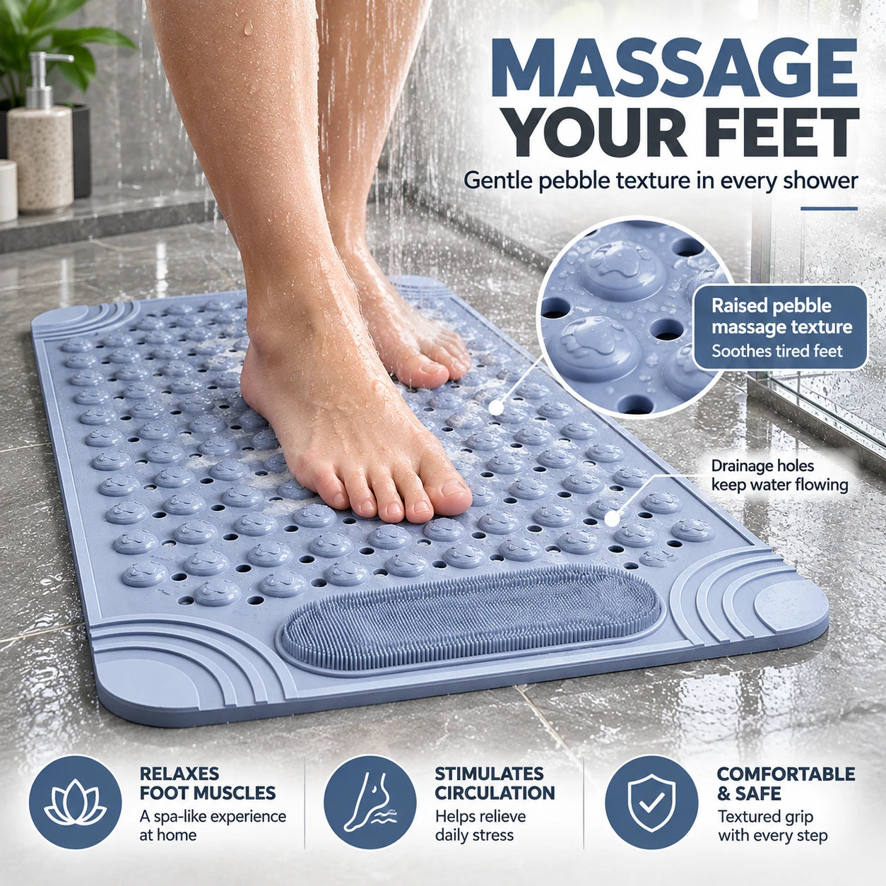 Non-Slip Shower & Bath Mat with Foot Scrubber (27"x15")