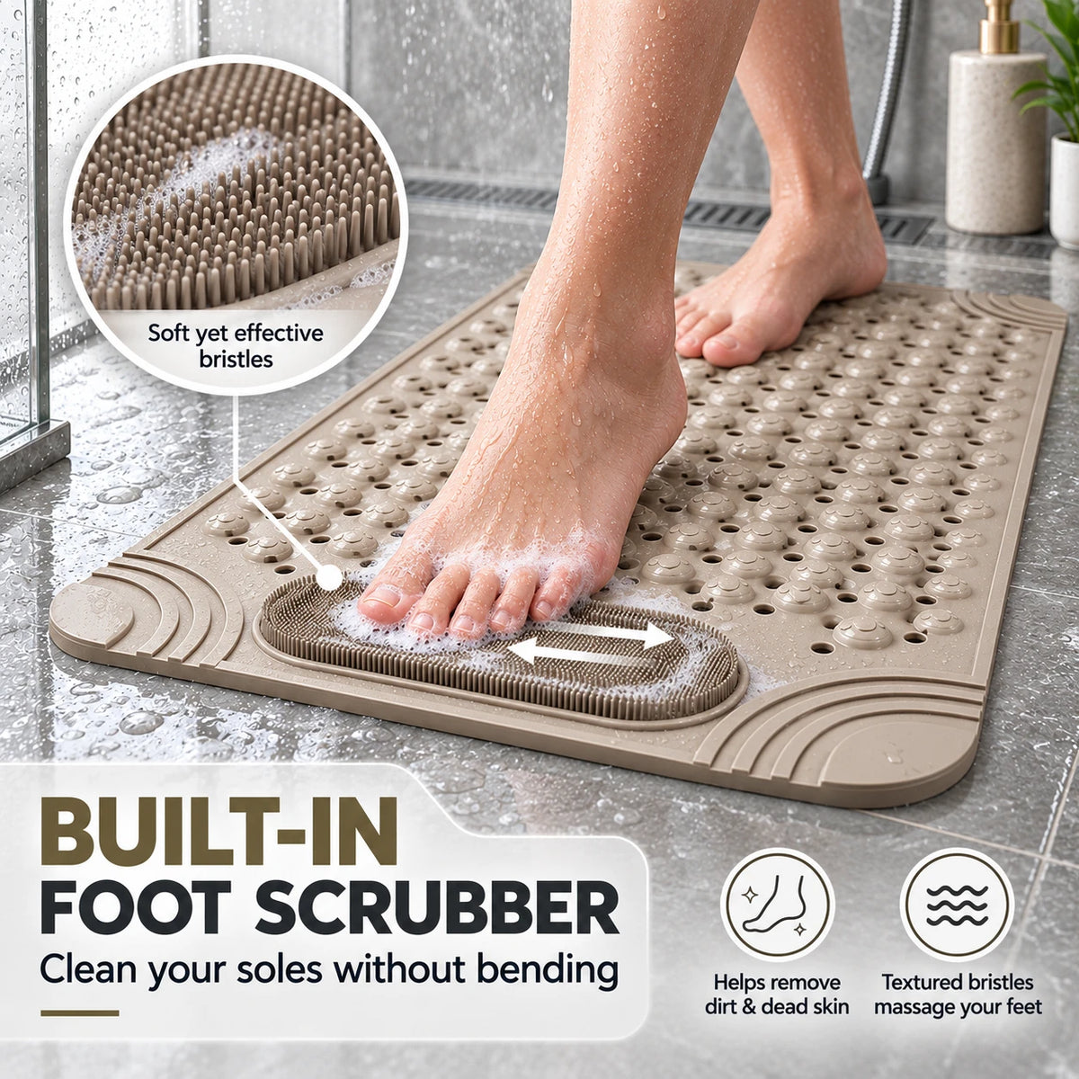 Non-Slip Shower & Bath Mat with Foot Scrubber (27"x15")