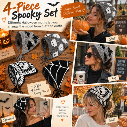 ⭐ The Ultimate Spooky Season Fashion Accessory: 4-Pack Boho Crochet Halloween Triangle Headscarf Set 🎃👻