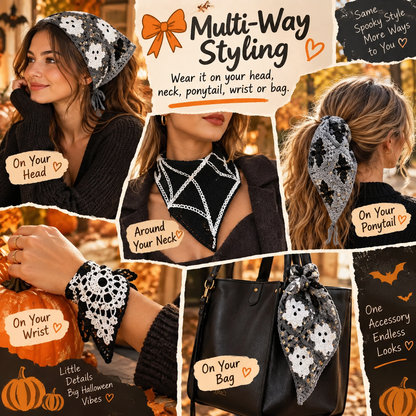 ⭐ The Ultimate Spooky Season Fashion Accessory: 4-Pack Boho Crochet Halloween Triangle Headscarf Set 🎃👻