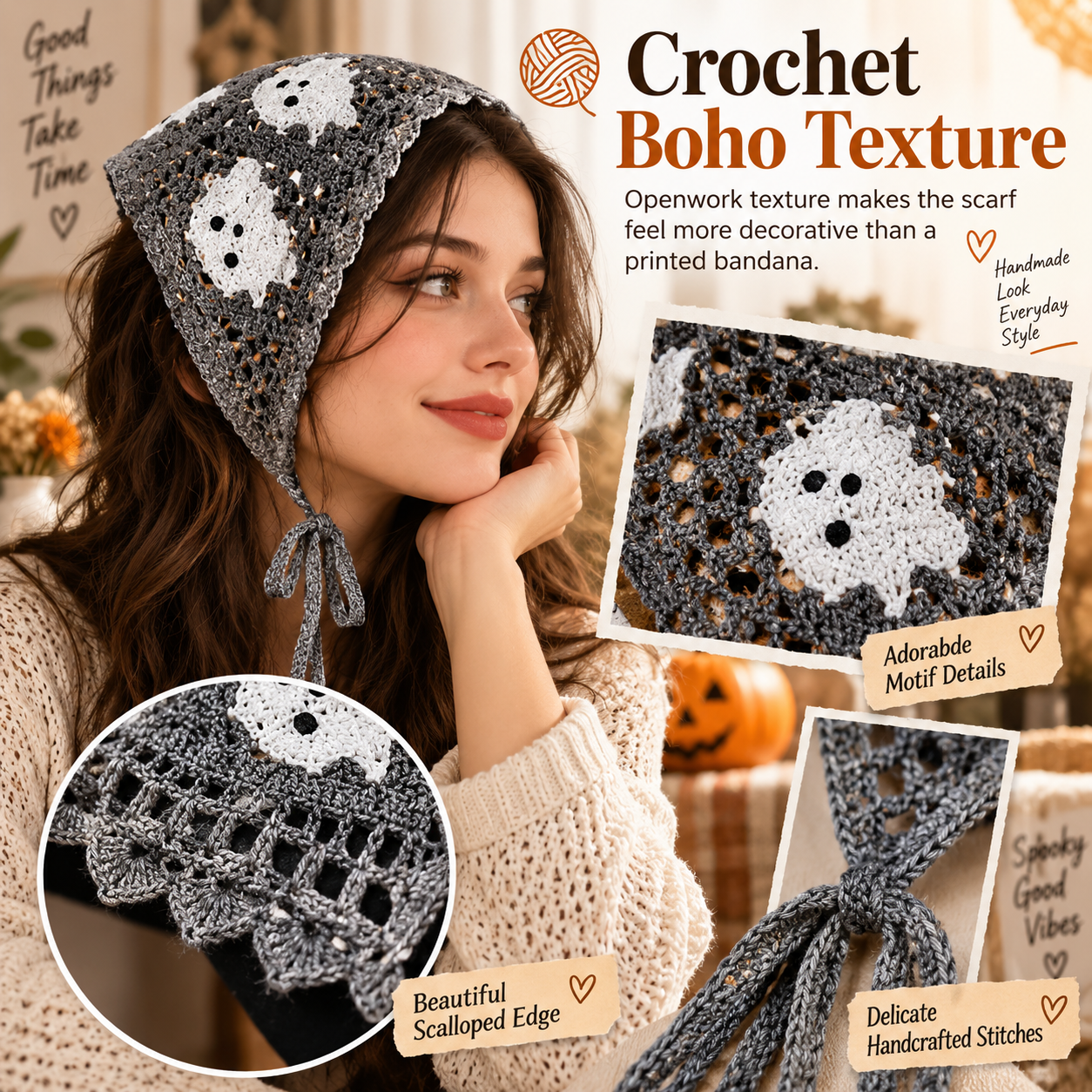 ⭐ The Ultimate Spooky Season Fashion Accessory: 4-Pack Boho Crochet Halloween Triangle Headscarf Set 🎃👻