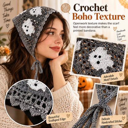 ⭐ The Ultimate Spooky Season Fashion Accessory: 4-Pack Boho Crochet Halloween Triangle Headscarf Set 🎃👻