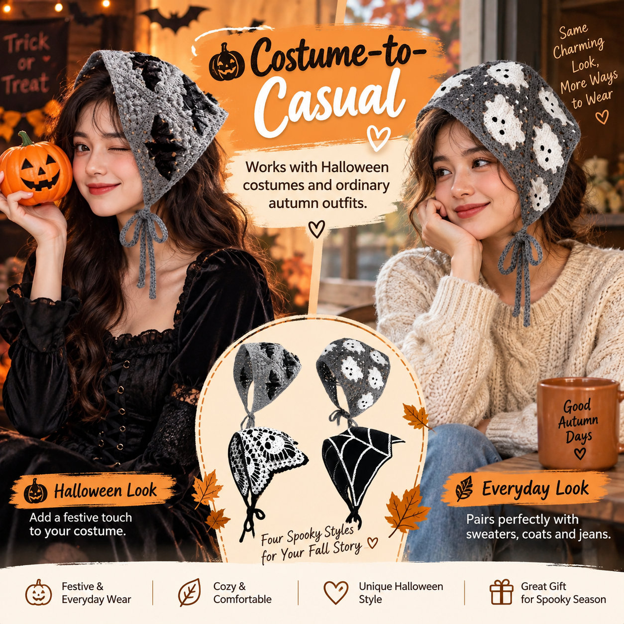 ⭐ The Ultimate Spooky Season Fashion Accessory: 4-Pack Boho Crochet Halloween Triangle Headscarf Set 🎃👻