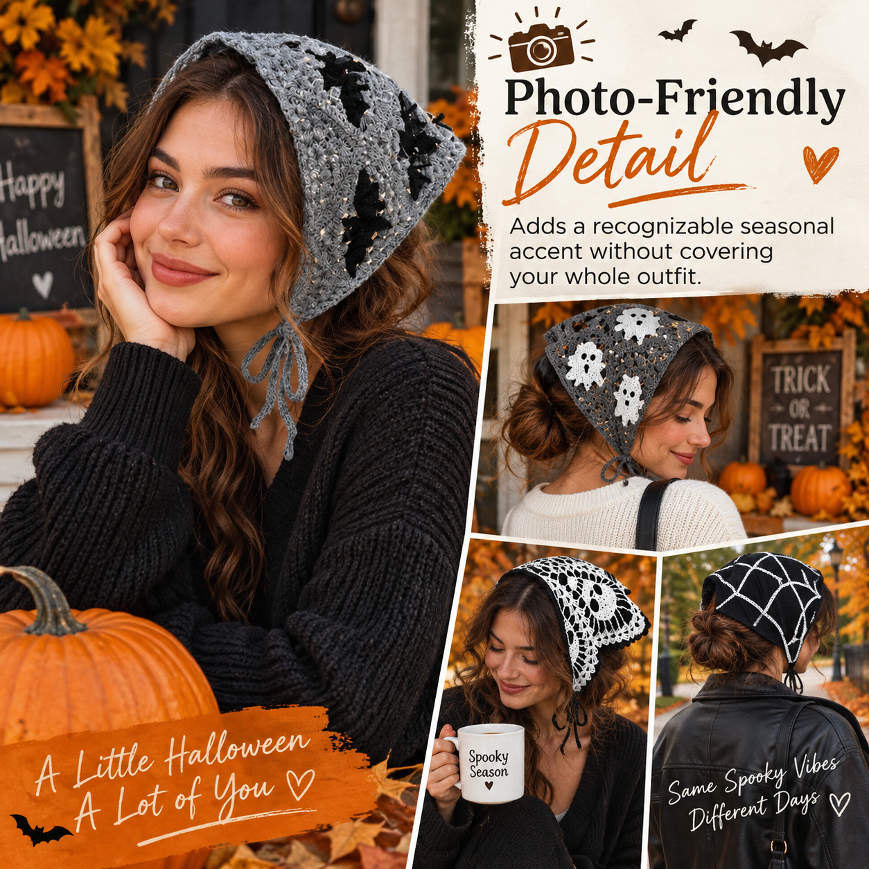⭐ The Ultimate Spooky Season Fashion Accessory: 4-Pack Boho Crochet Halloween Triangle Headscarf Set 🎃👻