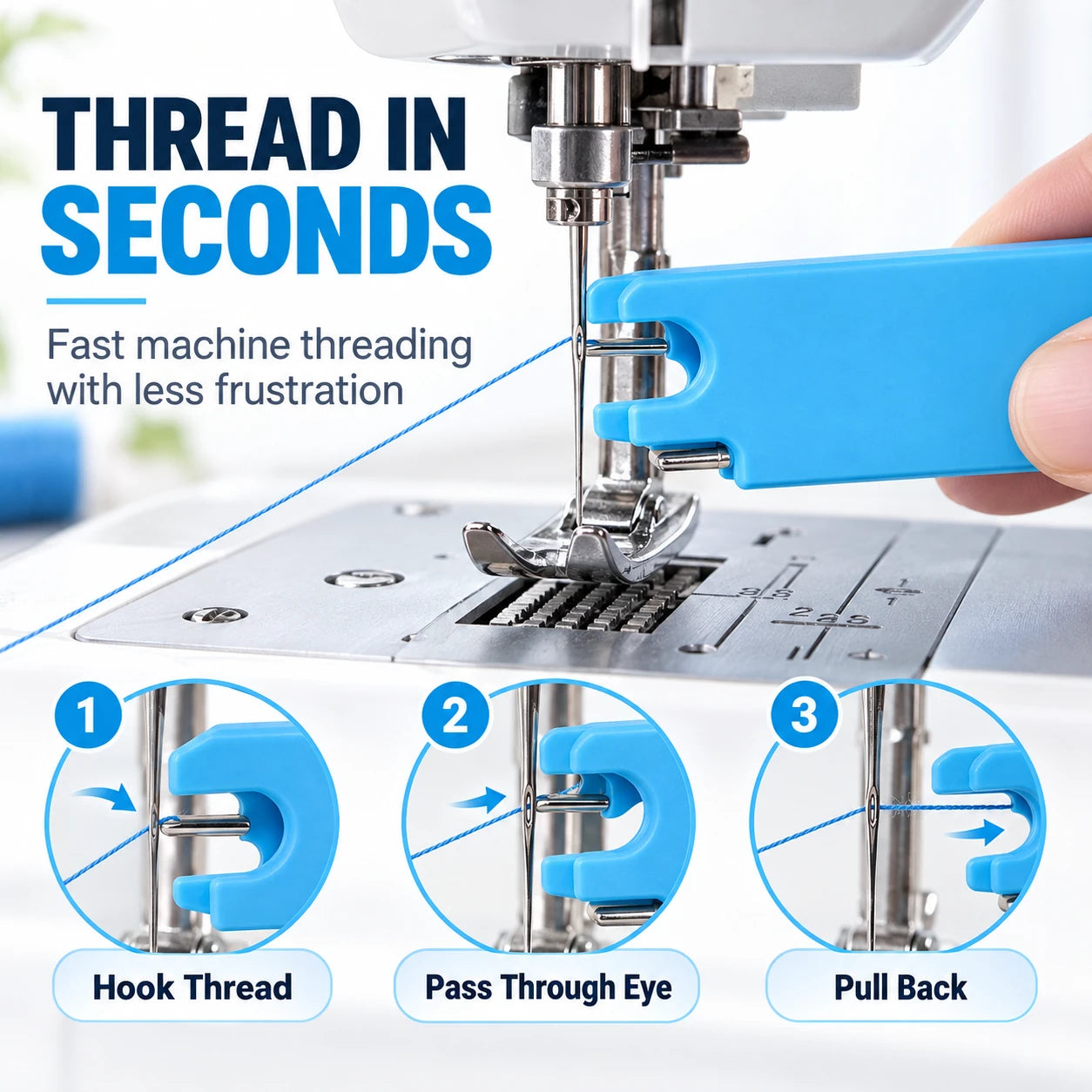 Sewing Machine Needle Threader with Guide, Magnet & Ruler