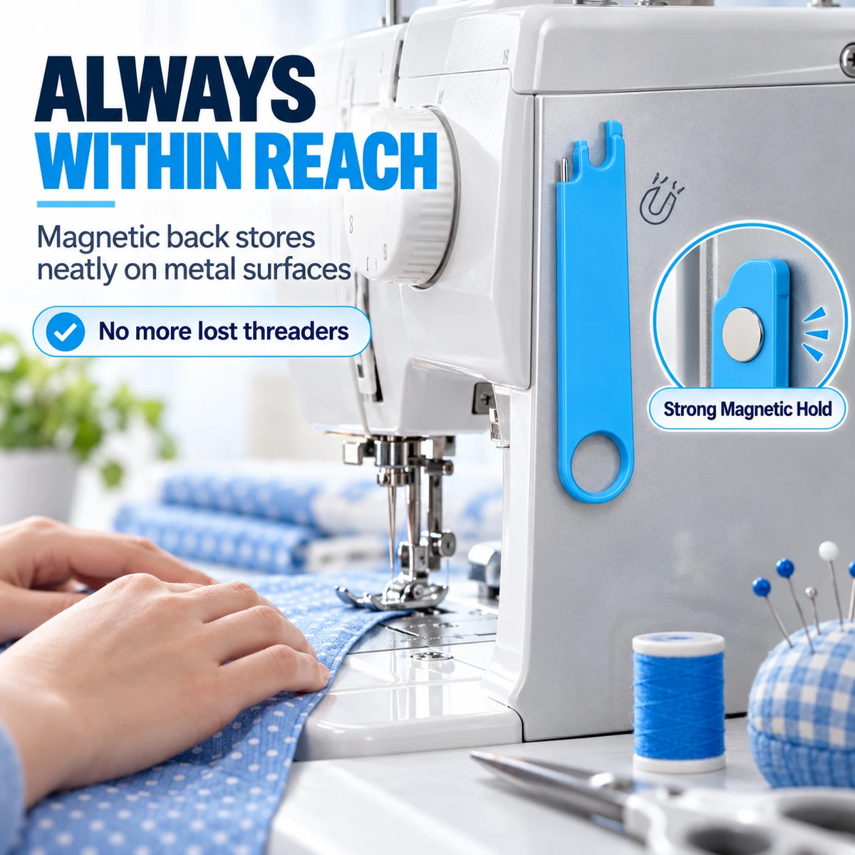 Sewing Machine Needle Threader with Guide, Magnet & Ruler