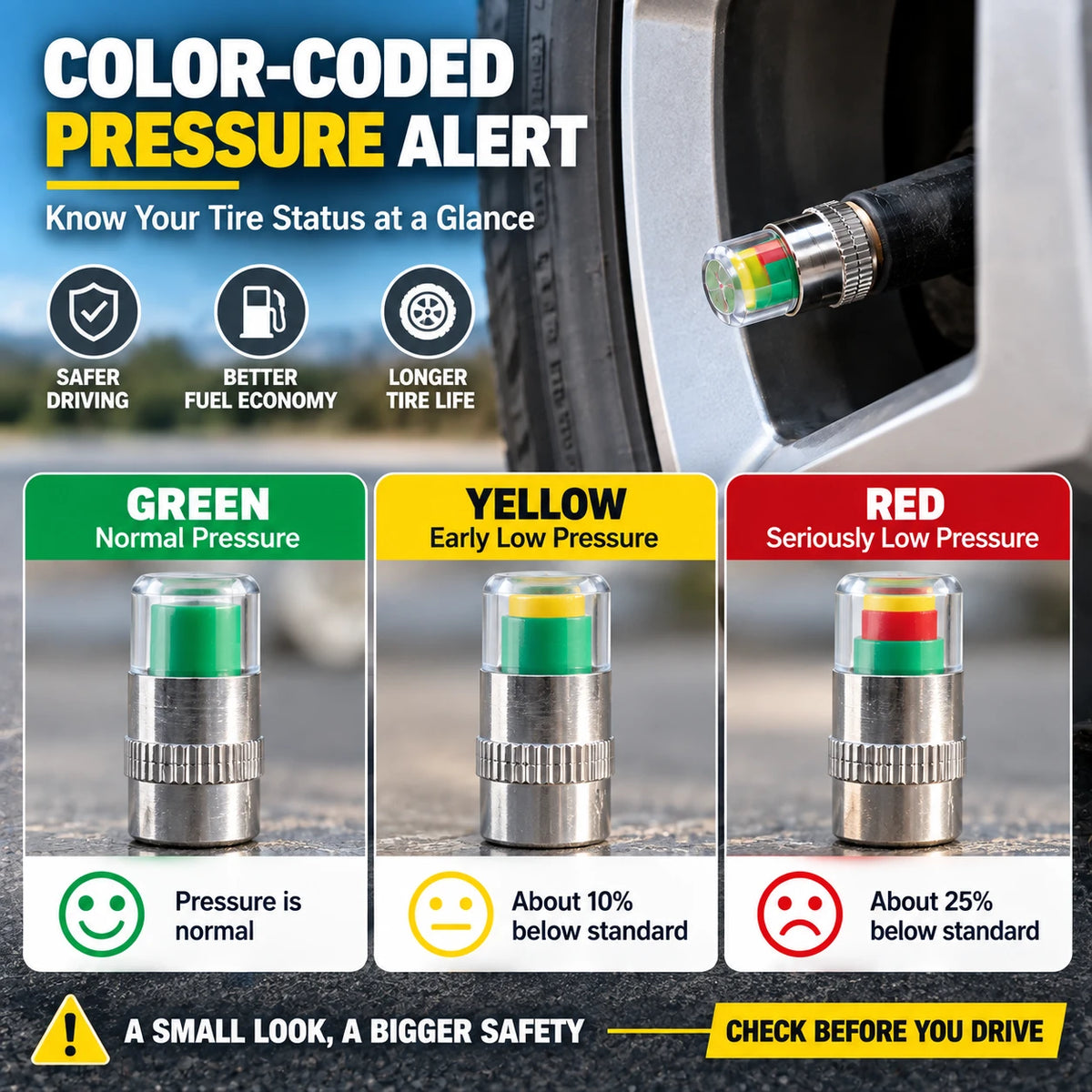 Color-Coded Tire Pressure Indicator Valve Caps | 4PCS