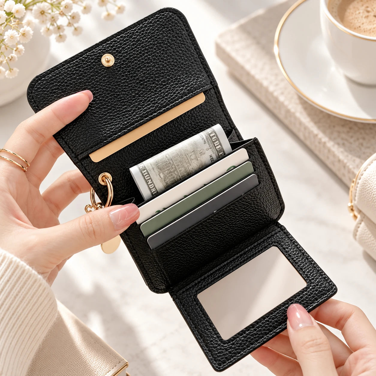 Compact PU Leather Card Wallet with ID Window & Coin Pocket