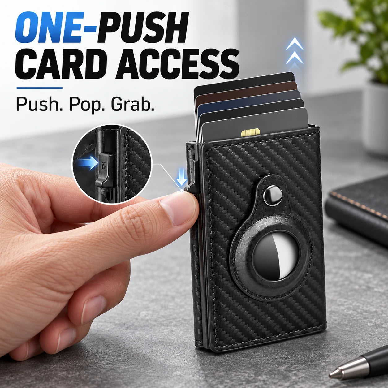 One-Push Card Access Wallet with RFID & AirTag Holder