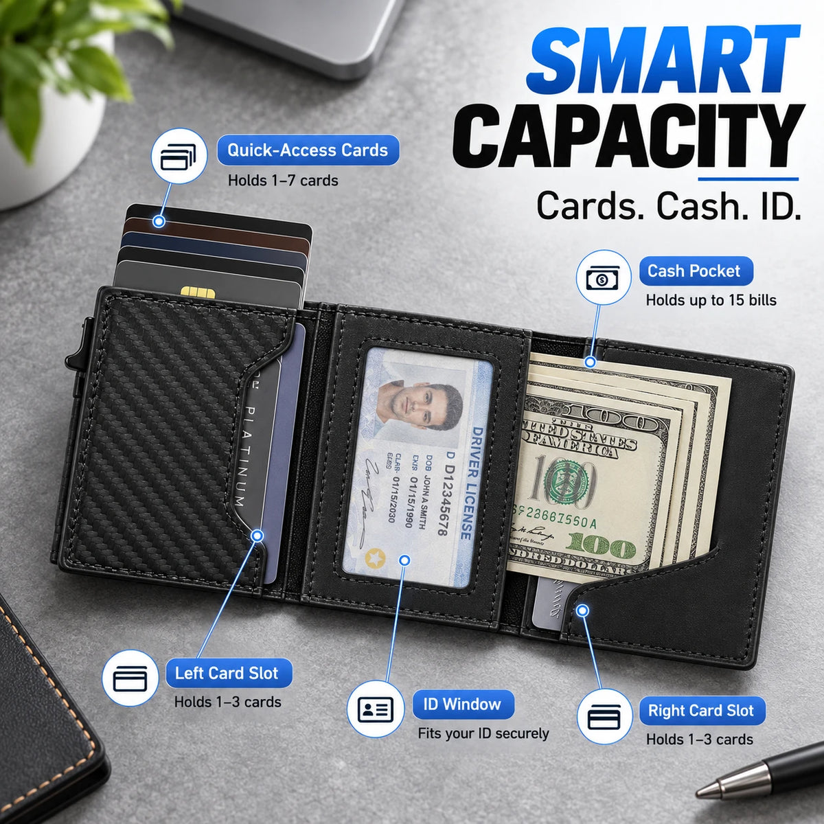 One-Push Card Access Wallet with RFID & AirTag Holder