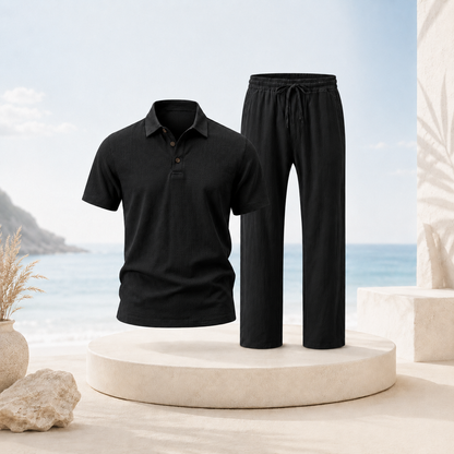 Men's Breathable Cotton Linen Resort Polo & Pants 2-Piece Set