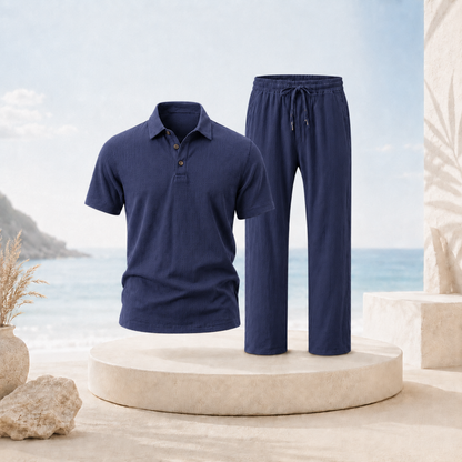 Men's Breathable Cotton Linen Resort Polo & Pants 2-Piece Set