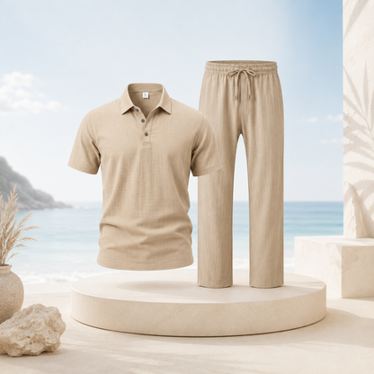 Men's Breathable Cotton Linen Resort Polo & Pants 2-Piece Set