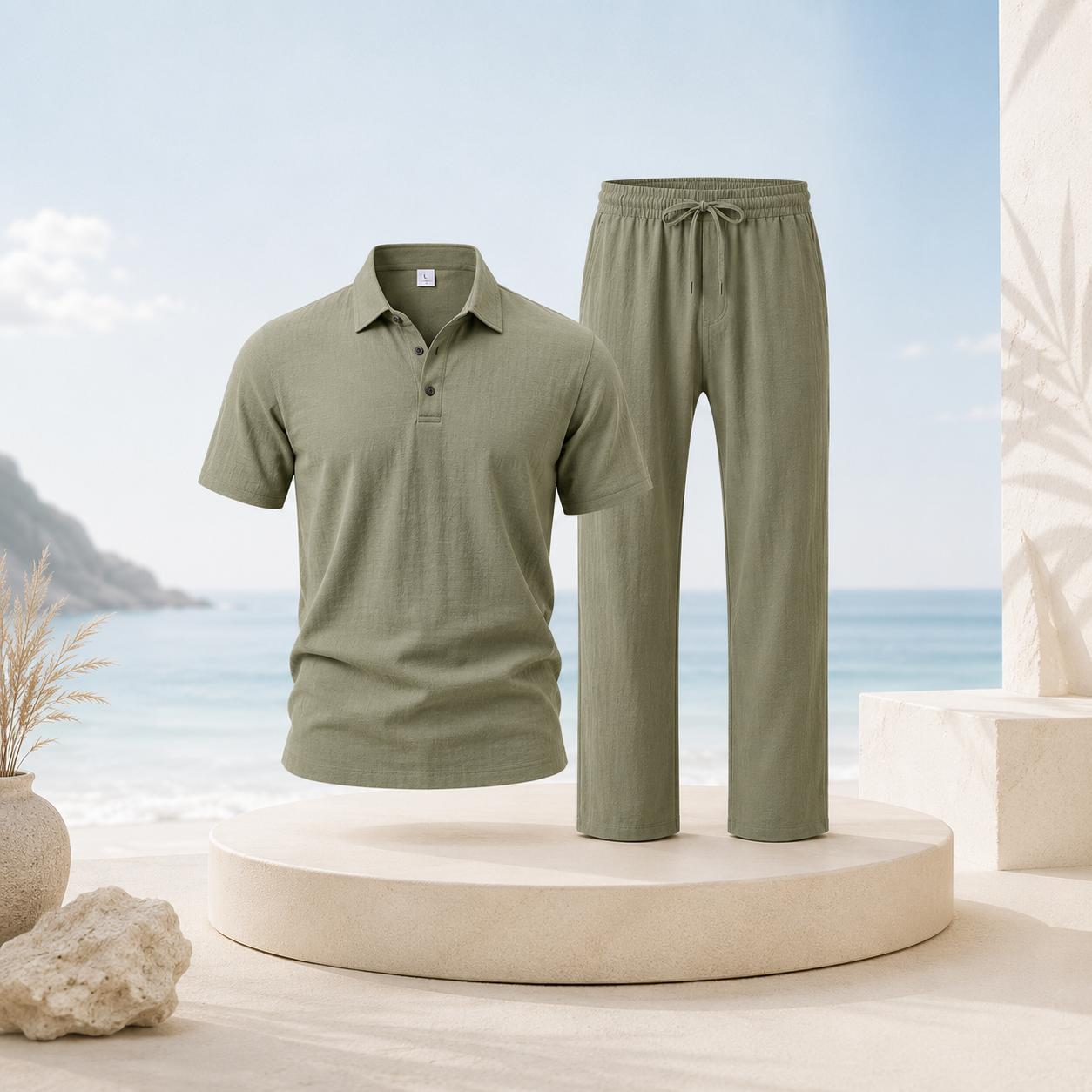 Men's Breathable Cotton Linen Resort Polo & Pants 2-Piece Set