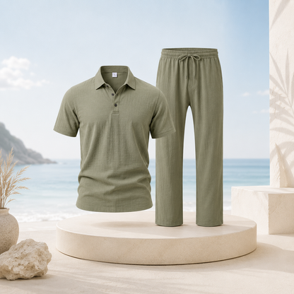 Men's Breathable Cotton Linen Resort Polo & Pants 2-Piece Set
