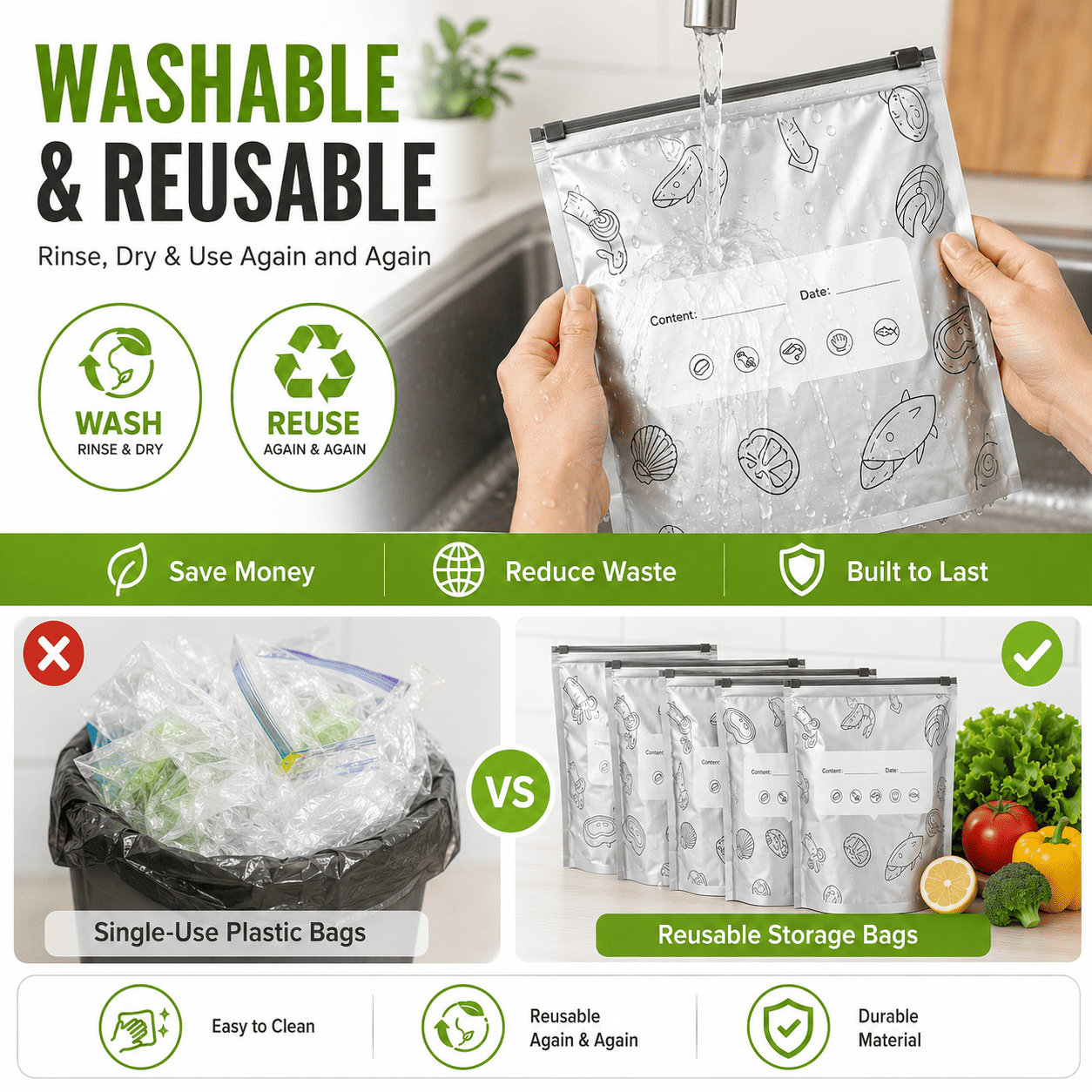 🥗 Reusable Foil Storage Bags – Fresh & Sealed