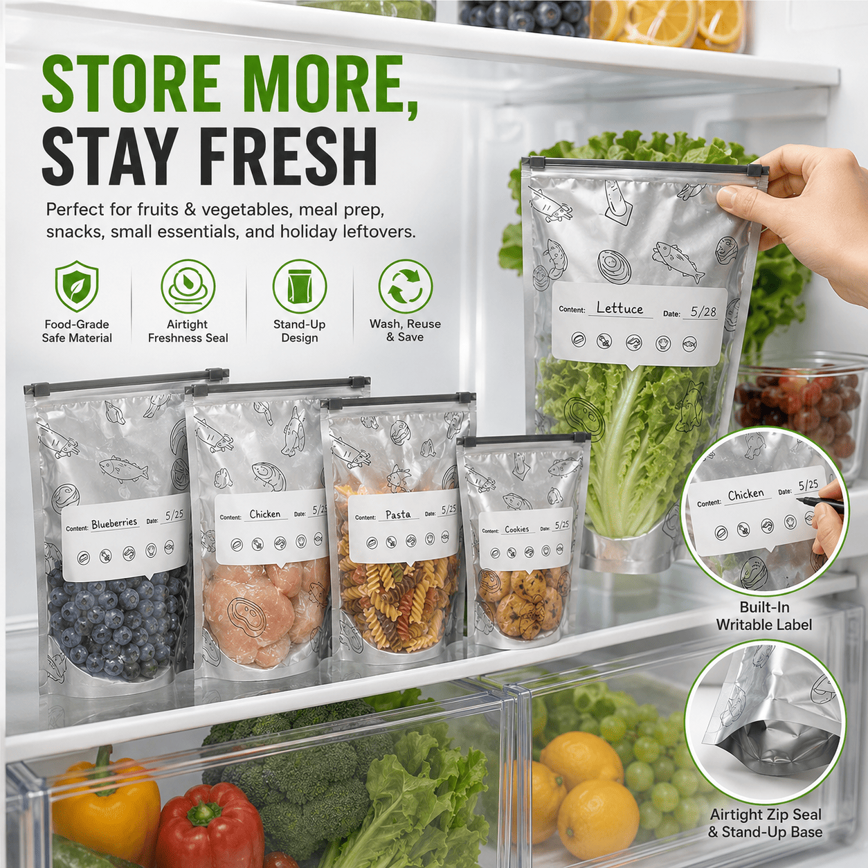 🥗 Reusable Foil Storage Bags – Fresh & Sealed