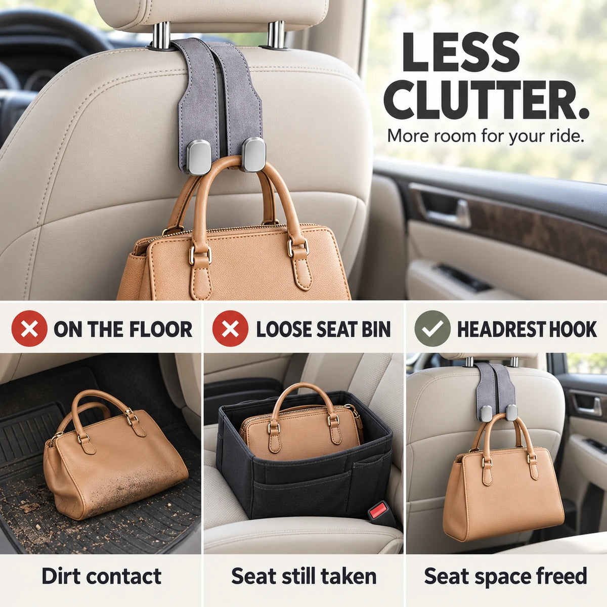 Car Headrest Hooks for Bags | Dual Hook Organizer