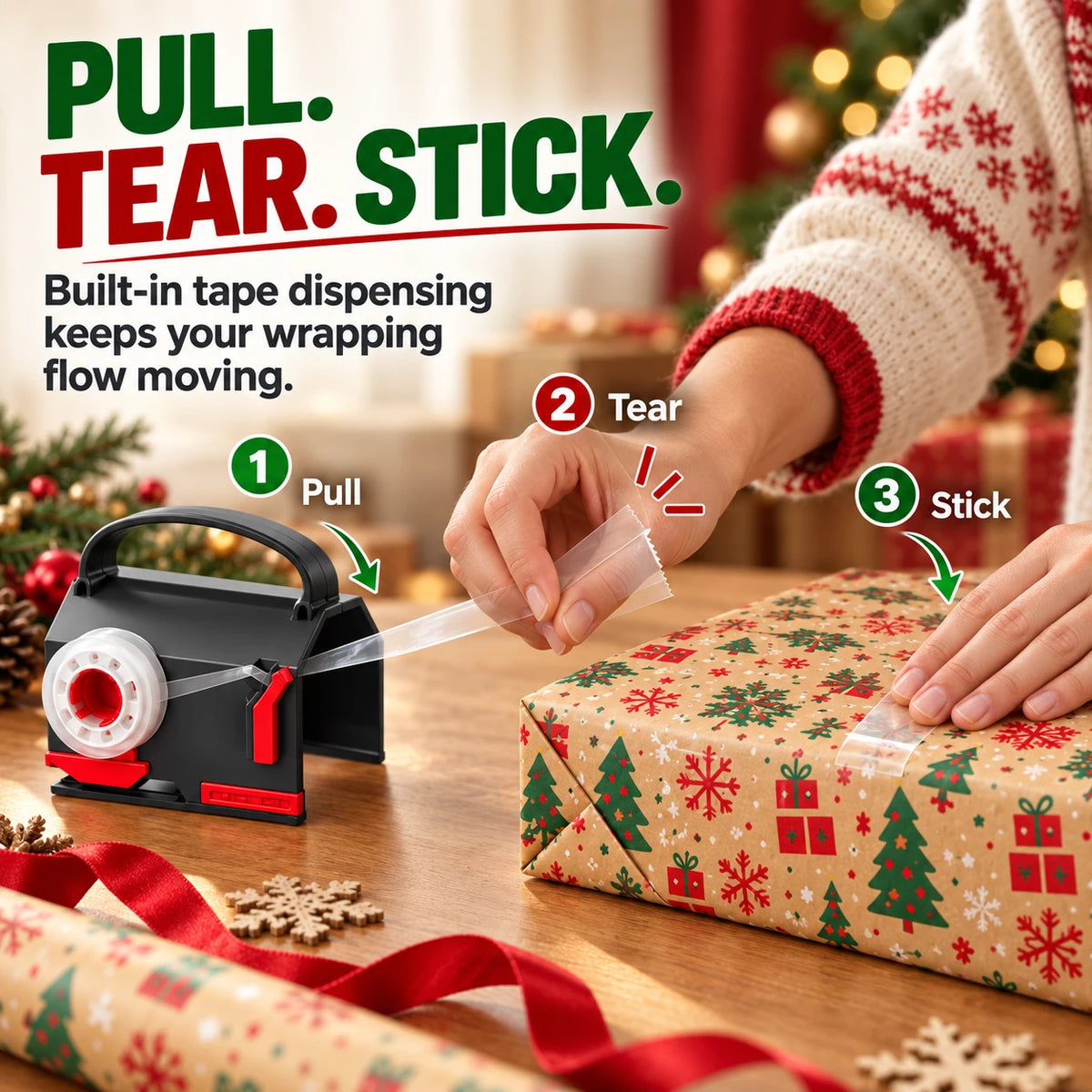 2-in-1 Wrapping Paper Cutter & Tape Dispenser for Gifts