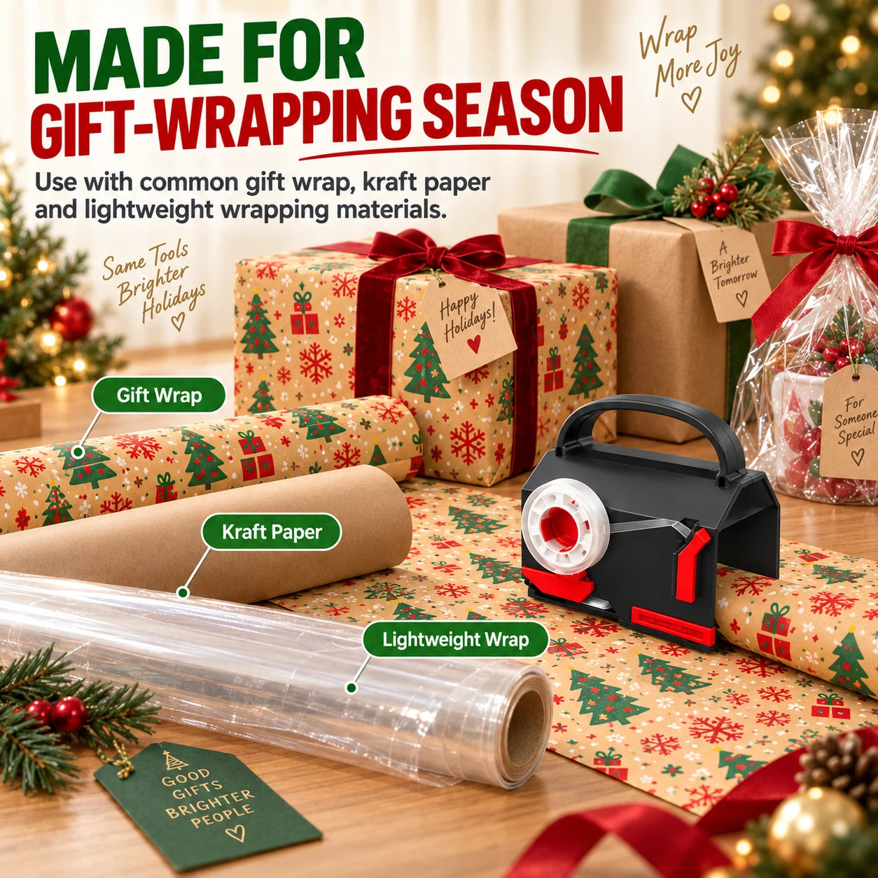 2-in-1 Wrapping Paper Cutter & Tape Dispenser for Gifts