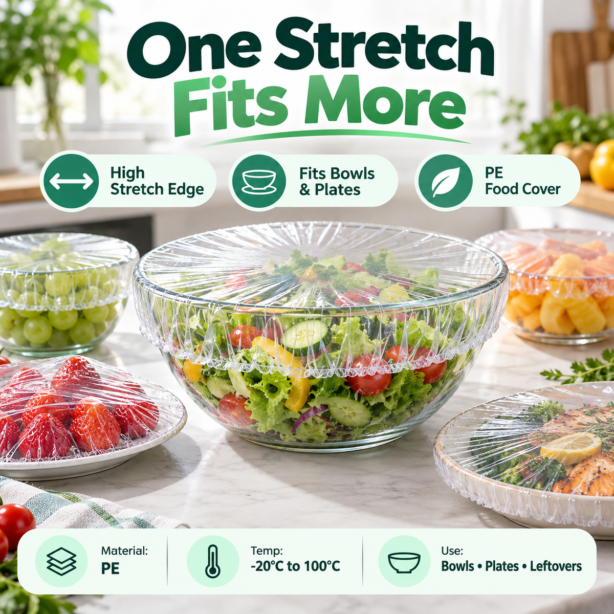 🥗✨ Stretchable PE Food Covers | One Stretch Fits More Bowls 🍓🥣