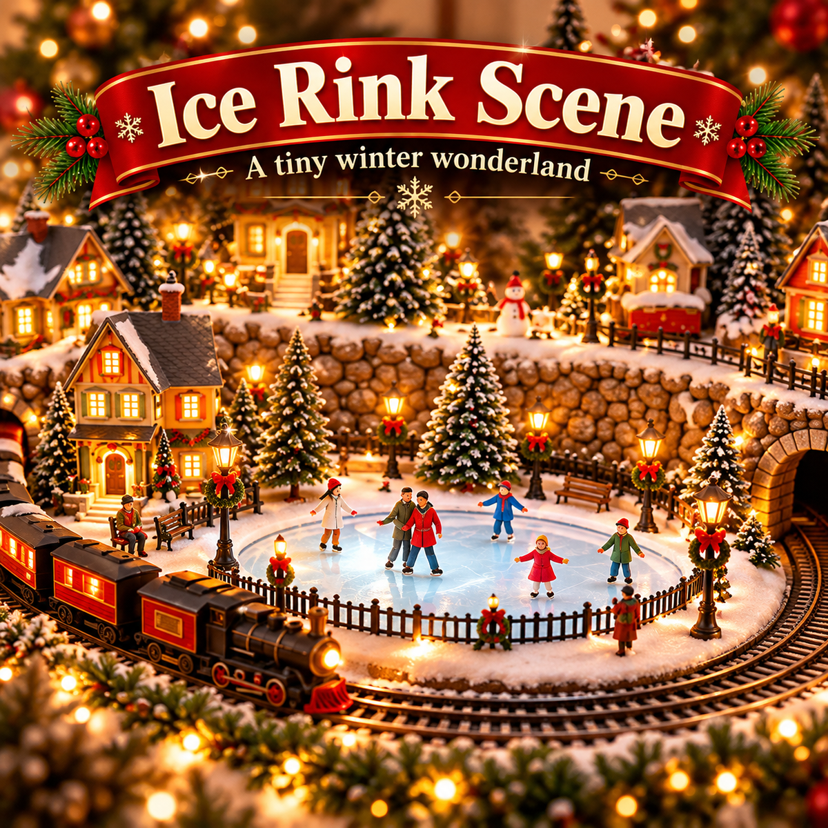 🎄🚂 Animated Christmas Village Train & Ice Rink ✨ Lighted Musical Winter Wonderland