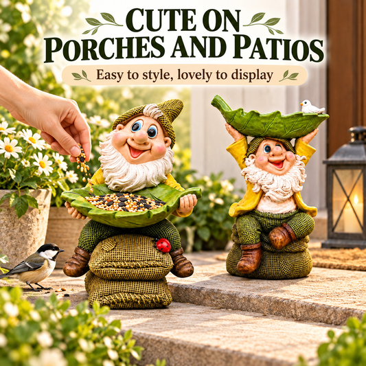 🍃Whimsical Garden Gnome Bird Feeder Statue – Charming Leaf Tray Garden Decor