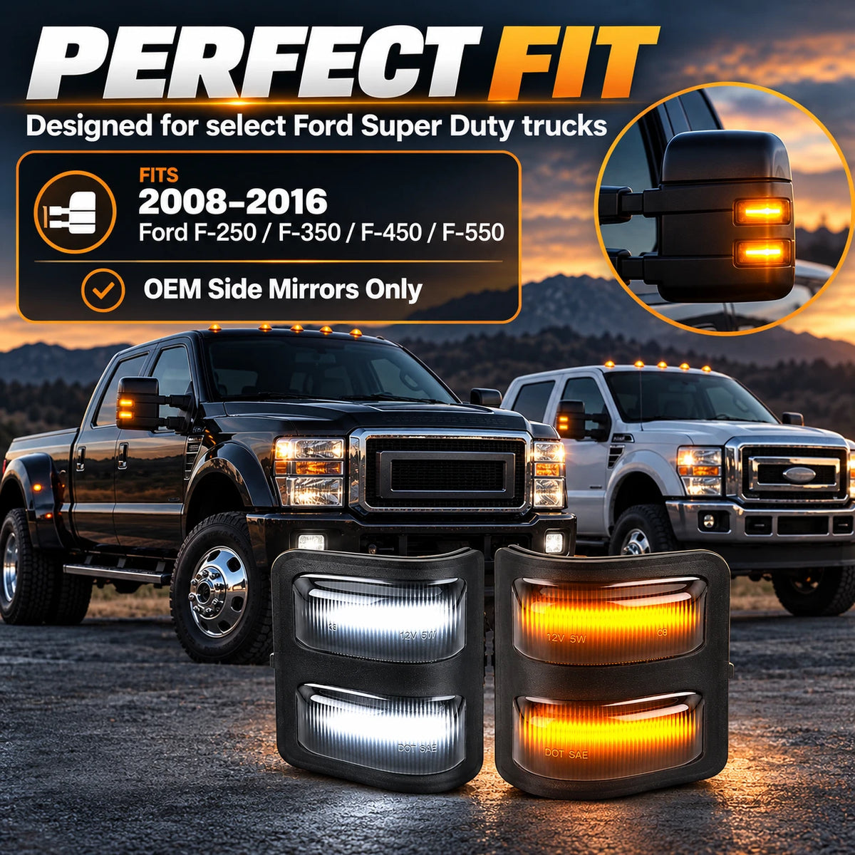 Mirror light fitment for select 2008–2016 Ford Super Duty factory towing mirrors