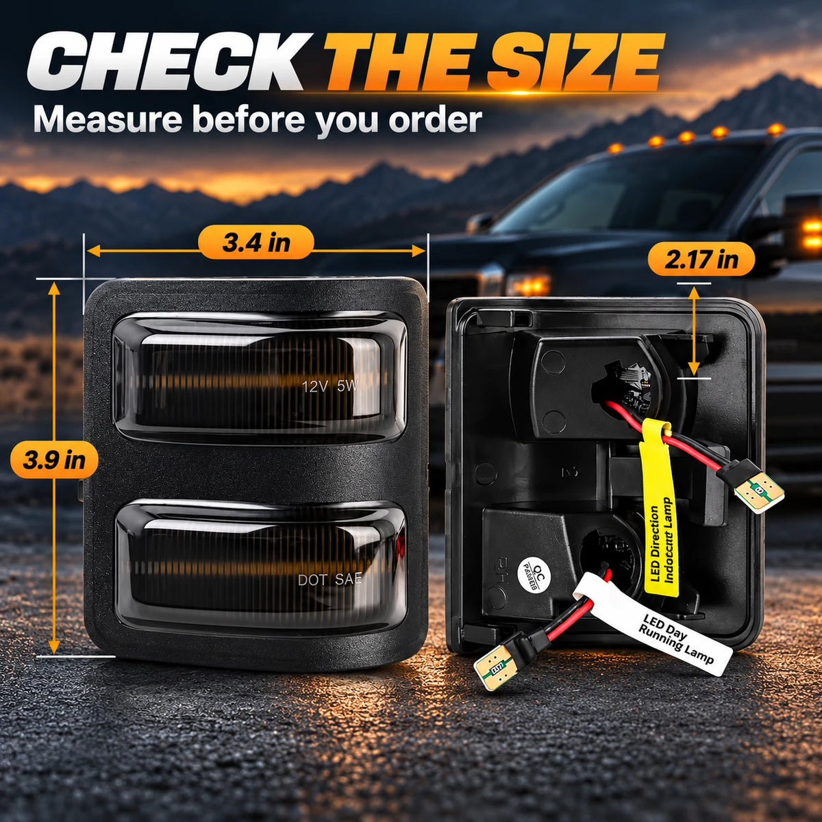 LED side mirror light dimensions in inches