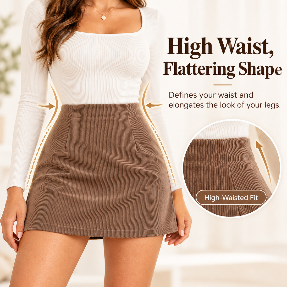 High-Waisted 2-in-1 Corduroy A-Line Skort with Invisible Side Zipper & Built-In Shorts
