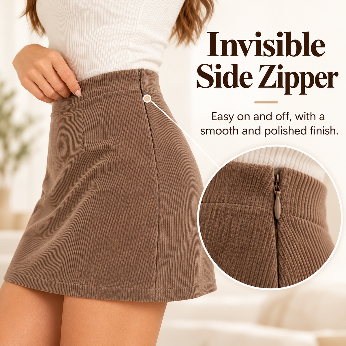 High-Waisted 2-in-1 Corduroy A-Line Skort with Invisible Side Zipper & Built-In Shorts