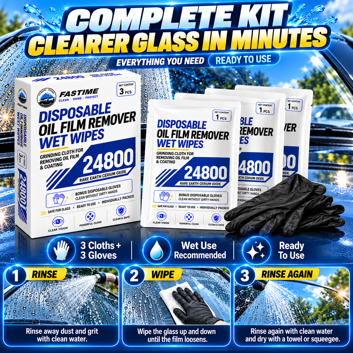 🚗 24800-Grit Windshield Oil Film Remover Wipes – Remove Stubborn Haze & Restore Clearer Glass ✨