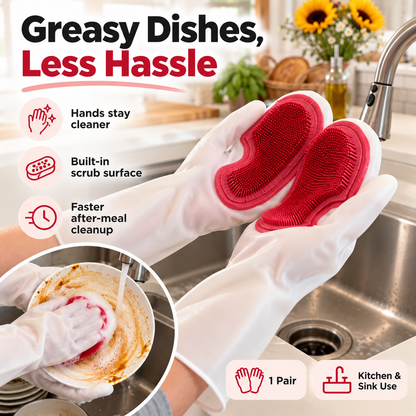 Dishwashing Gloves with Built-In Silicone Scrubber