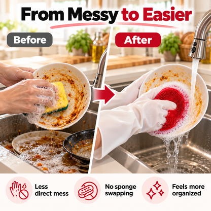 Dishwashing Gloves with Built-In Silicone Scrubber