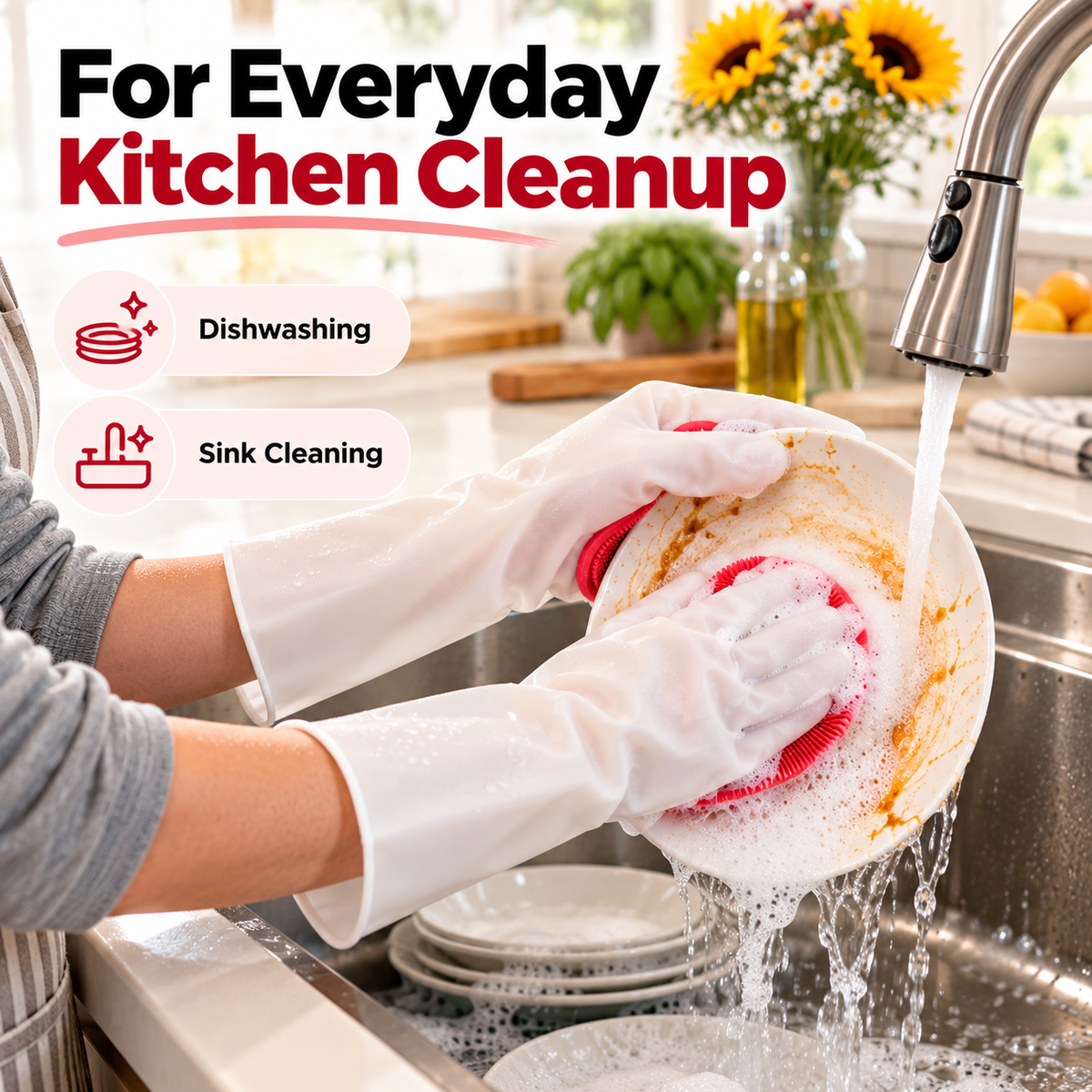 Dishwashing Gloves with Built-In Silicone Scrubber