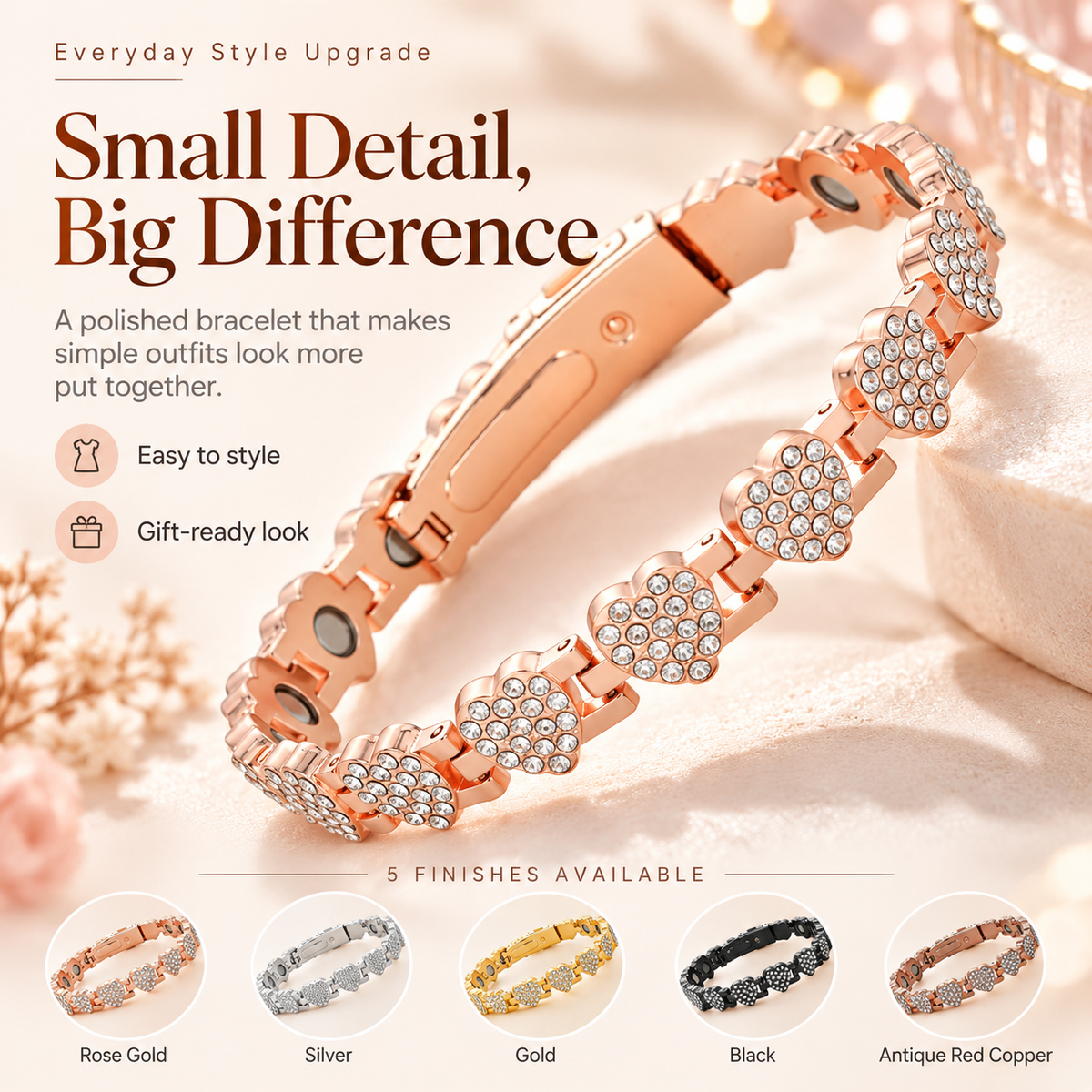 Fashionable magnetic heart-shaped metal bracelet