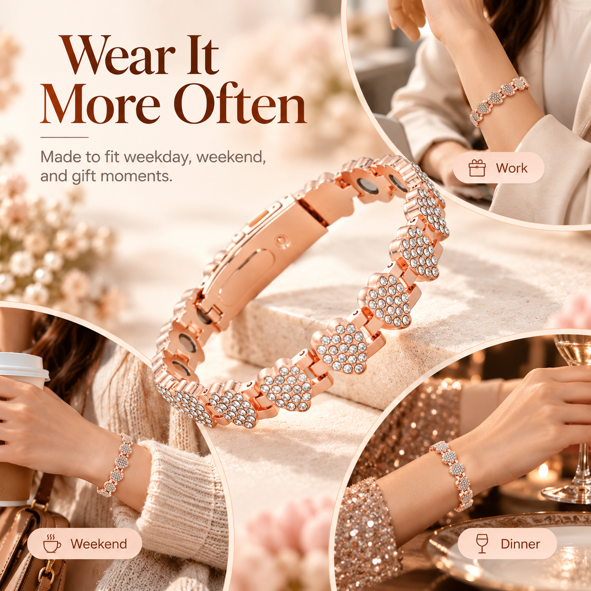 Fashionable magnetic heart-shaped metal bracelet