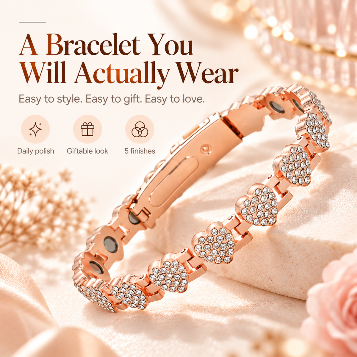 Fashionable magnetic heart-shaped metal bracelet