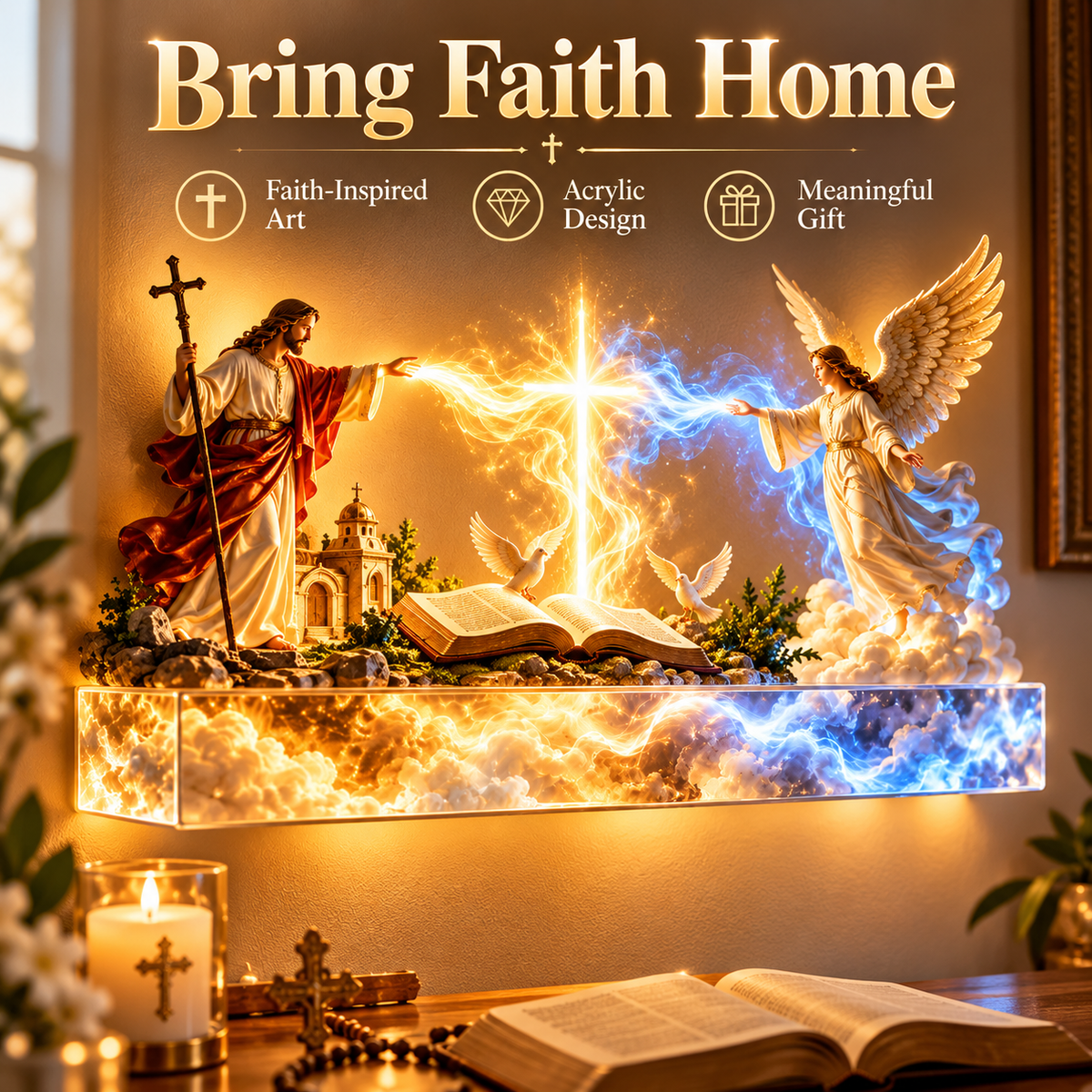 ✝️Illuminated Jesus & Angels Acrylic Wall Art – Heavenly Christian Home Decor 🙏