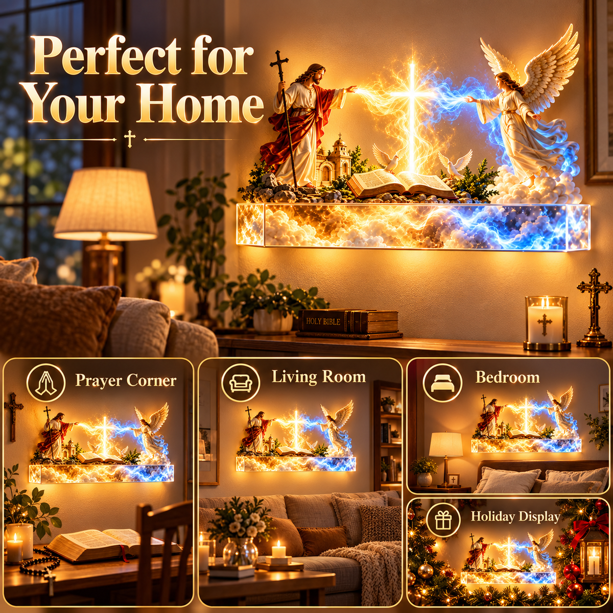 ✝️Illuminated Jesus & Angels Acrylic Wall Art – Heavenly Christian Home Decor 🙏