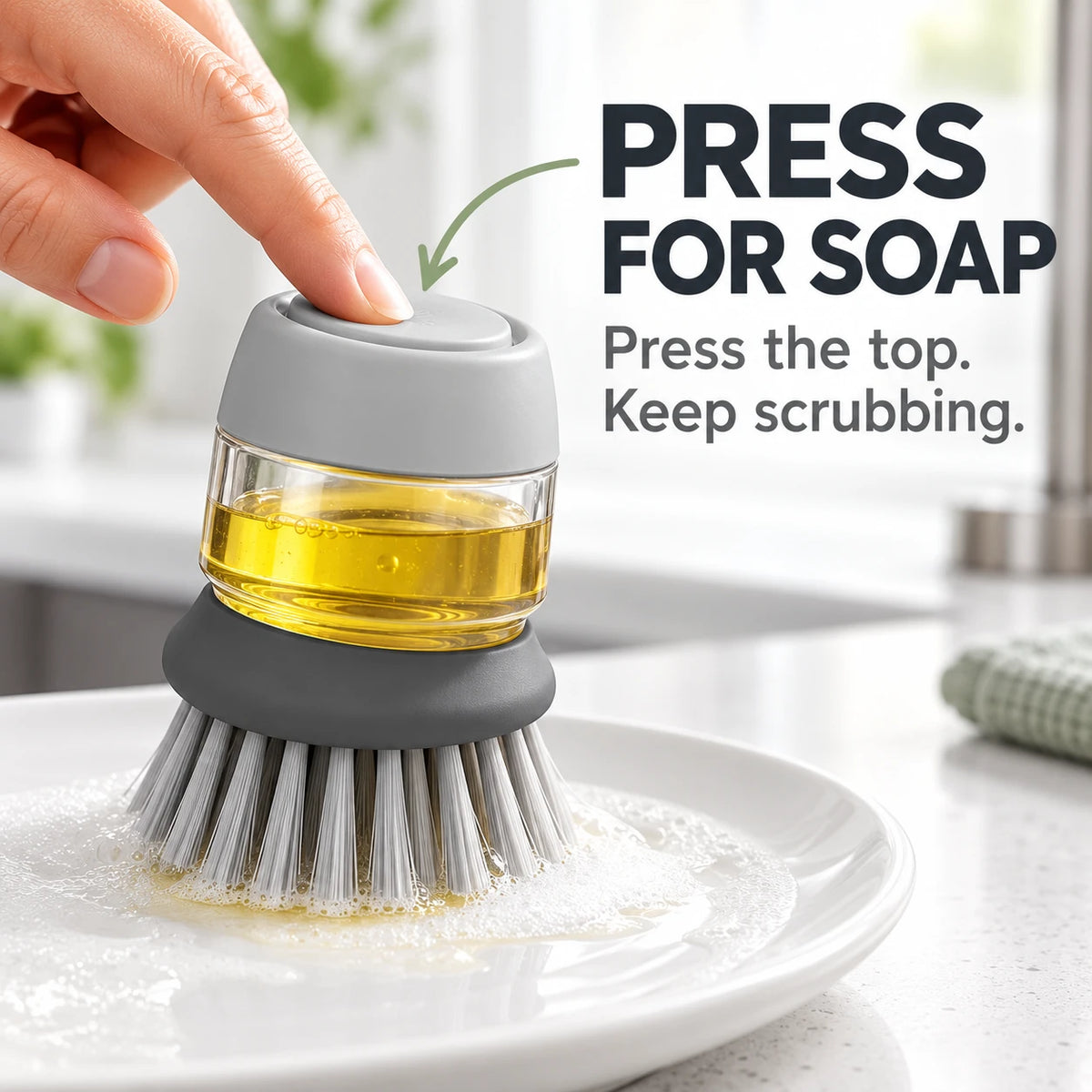 Soap Dispensing Dish Brush with Stand 🫧 Press. Scrub. Done.
